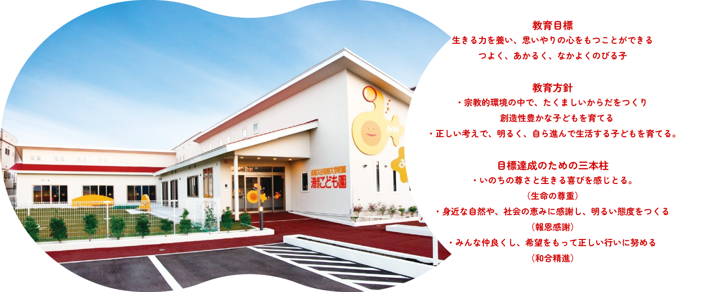 教育目標 生きる力を養い、思いやりの心をもつことができる「つよく、あかるく、なかよくのびる子」教育方針・宗教的環境の中で、たくましいからだをつくり創造性豊かな子どもを育てる。・正しい考えで、明るく、自ら進んで生活する子どもを育てる。目標達成のための三本柱・いのちの尊さと生きる喜びを感じとる。(生命の尊重)・身近な自然や、社会のめぐみに感謝し、明るい態度をつくる。(報恩感謝)・みんな仲良くし、希望をもって正しい行いに努める。(和合精進)